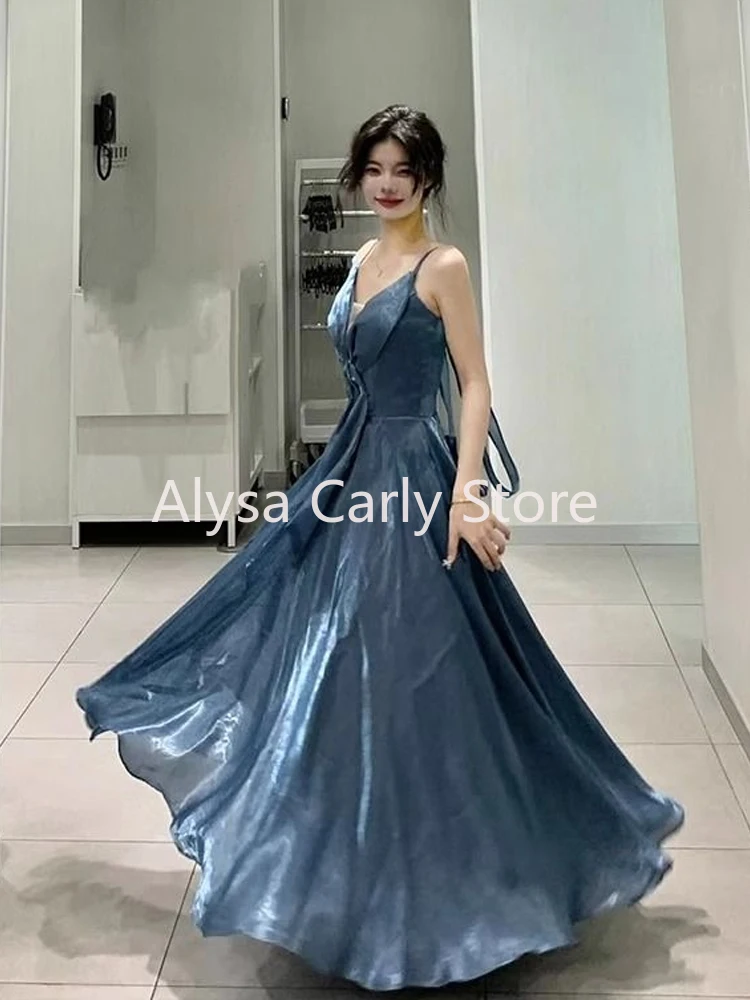 Blue Elegant Sexy Slip Dress Women Sleeveless Korean V-neck Long Dresses Fashion Casual One Piece Dress Ladies Summer 2024 Chic