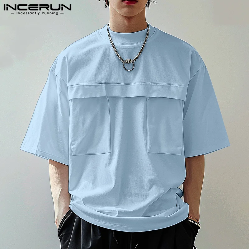 INCERUN Men T Shirt Solid Color O-neck Short Sleeve Summer Casual Men Clothing Streetwear 2024 Loose Korean Fashion Tee Tops