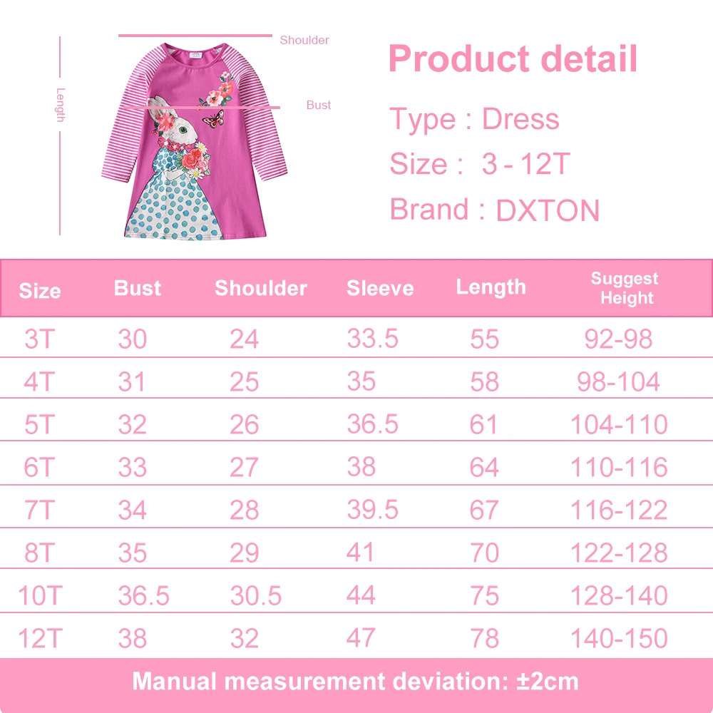 DXTON Spring Girls Dresses Striped Sleeve Flower Toddlers Casual Dress For Girls Rabbit Butterfly Printed Cotton Children Dress