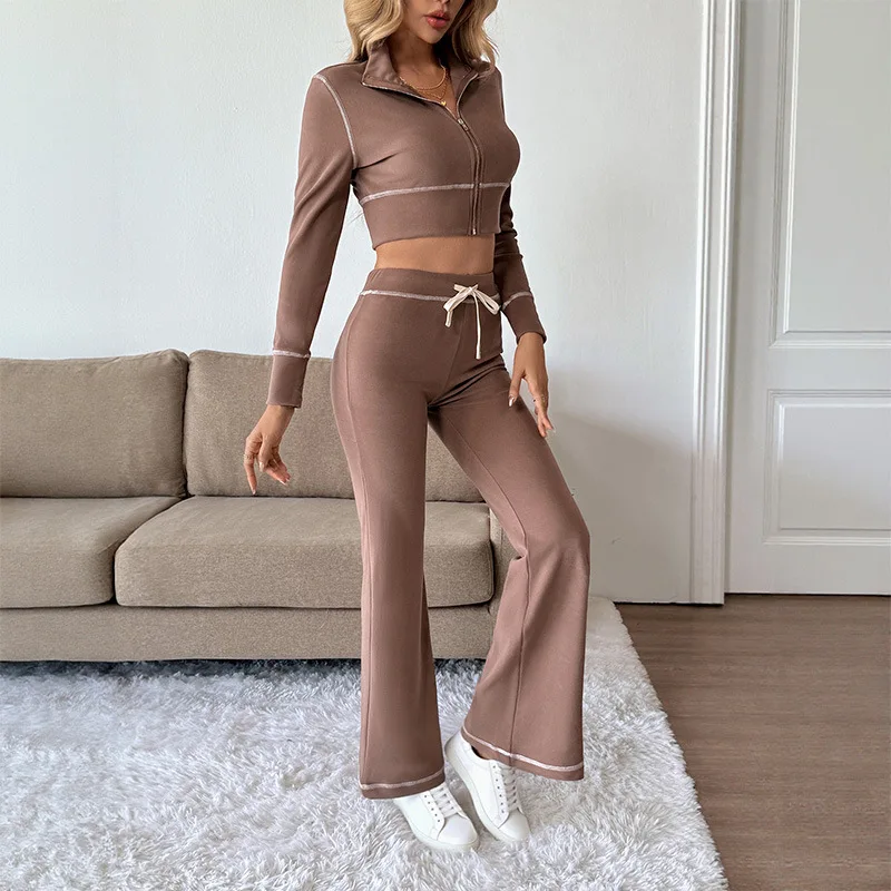 2025 Otoño e Invierno Tops cortos traje Casual mujer moda deportes chaqueta de manga larga pantalones conjunto de dos piezas