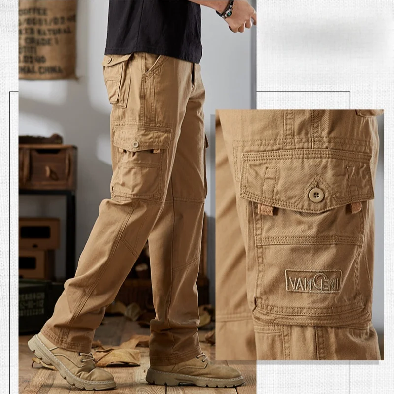 

Autumn 6 Pockets Cargo Pants Men Straight Military Tactical Work Mens Pants Black Khaki 100% Cotton Trousers for Male Clothing