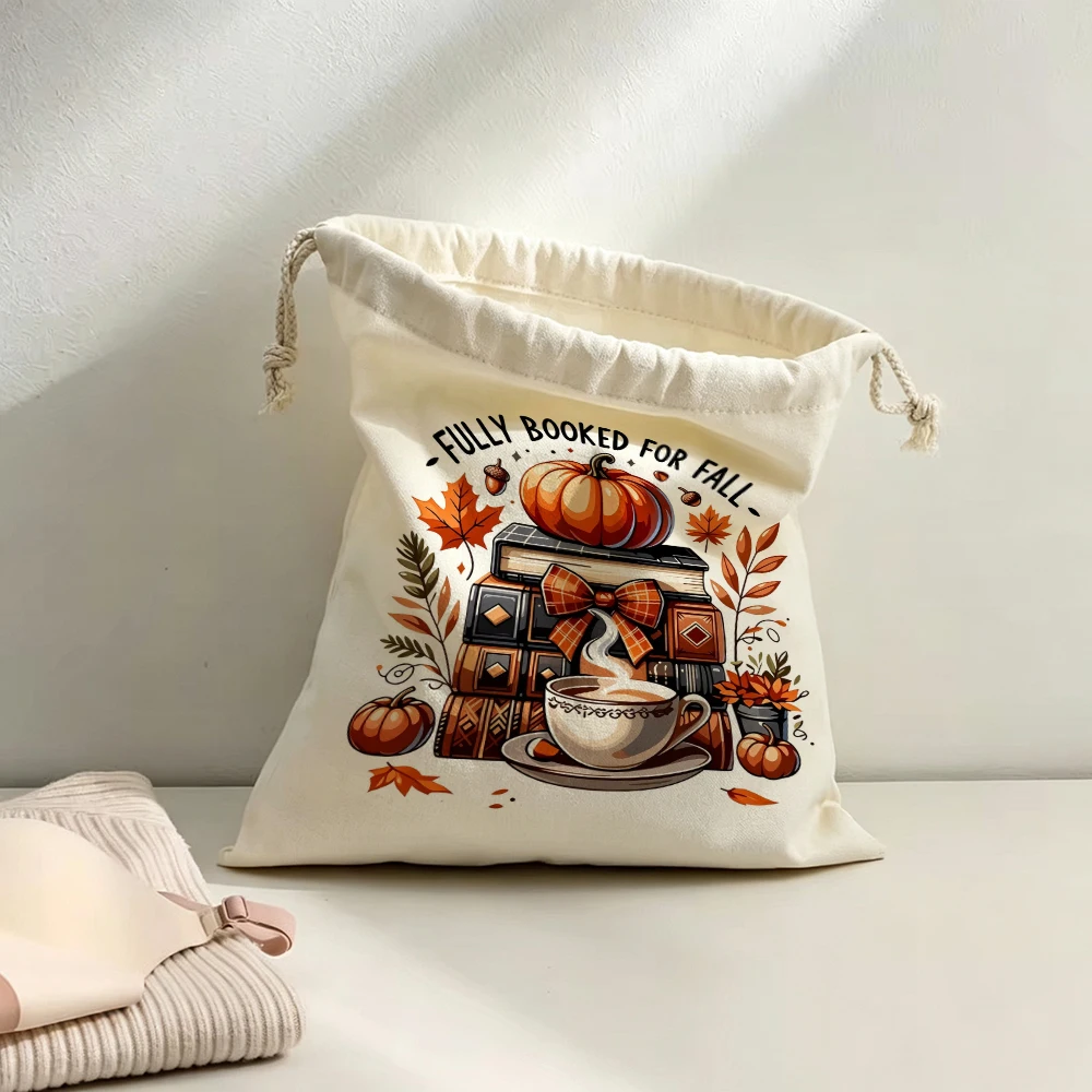 Personalized Fall Books Drawstring Bags Custom Name Autumn Coffee Pumpkins Readings Storage Gifts Travel Pouches for Women Girls