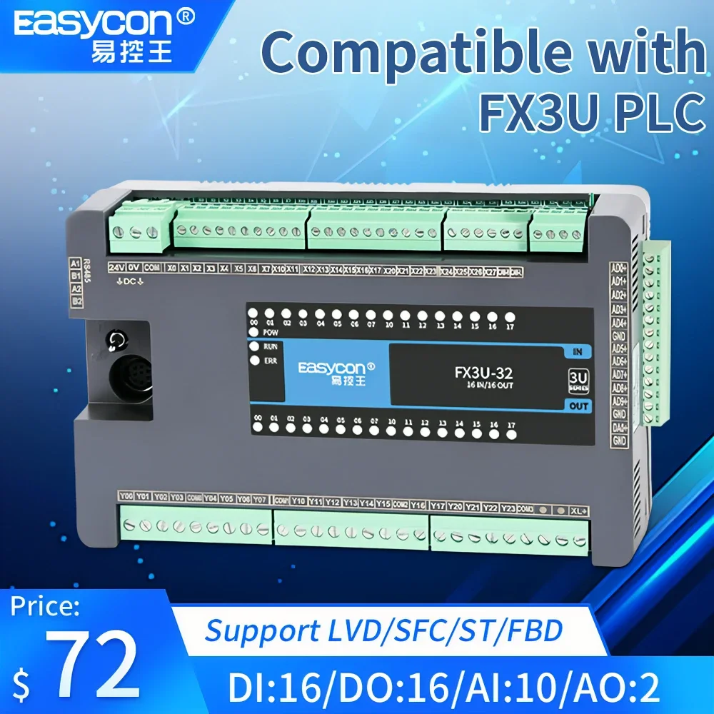 Easycon PLC плк FX3U-32MR/MT/MRT 8-Channel High Speed Counter 10AI 2AO DI16 DO16 PLC Programmable Logic Controller