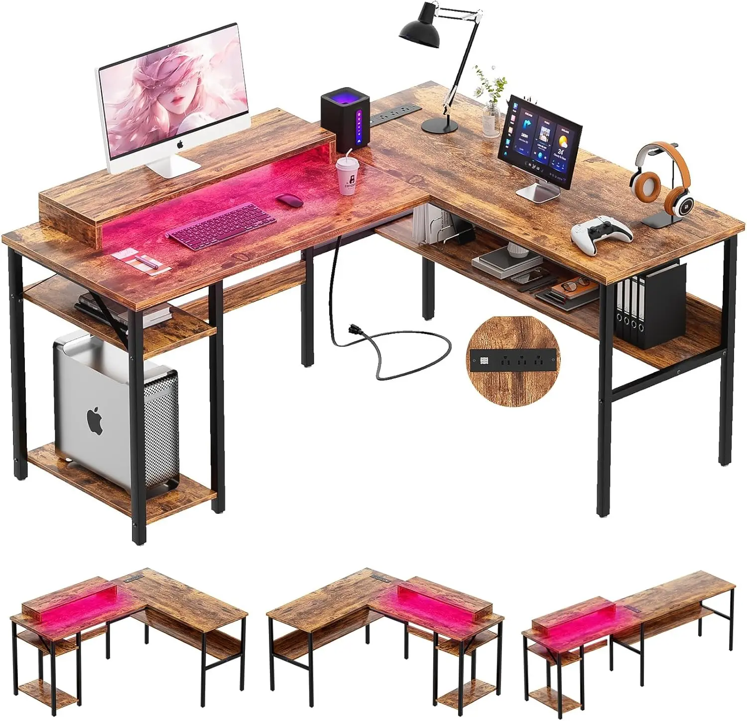 

L Shaped Computer Desk with Magic Power Outlets and Smart LED Light, Sturdy Reversible Corner Desk with Monitor Stand