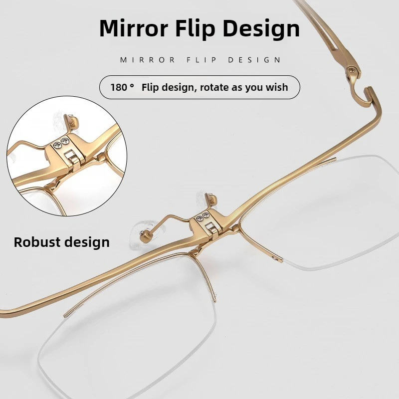 

180 ° Flip Top Pure Titanium Glasses Frame Men Retro Semi-Rimless Square Eyeglasses Half-Frame Flip Mirror Design Optical Lens