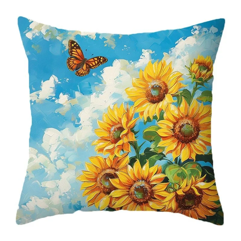 ปลอกหมอนอิงลายดอกทานตะวันสีน้ำ พิมพ์ลายขนสั้น สำหรับตกแต่งโซฟาห้องนั่งเล่น