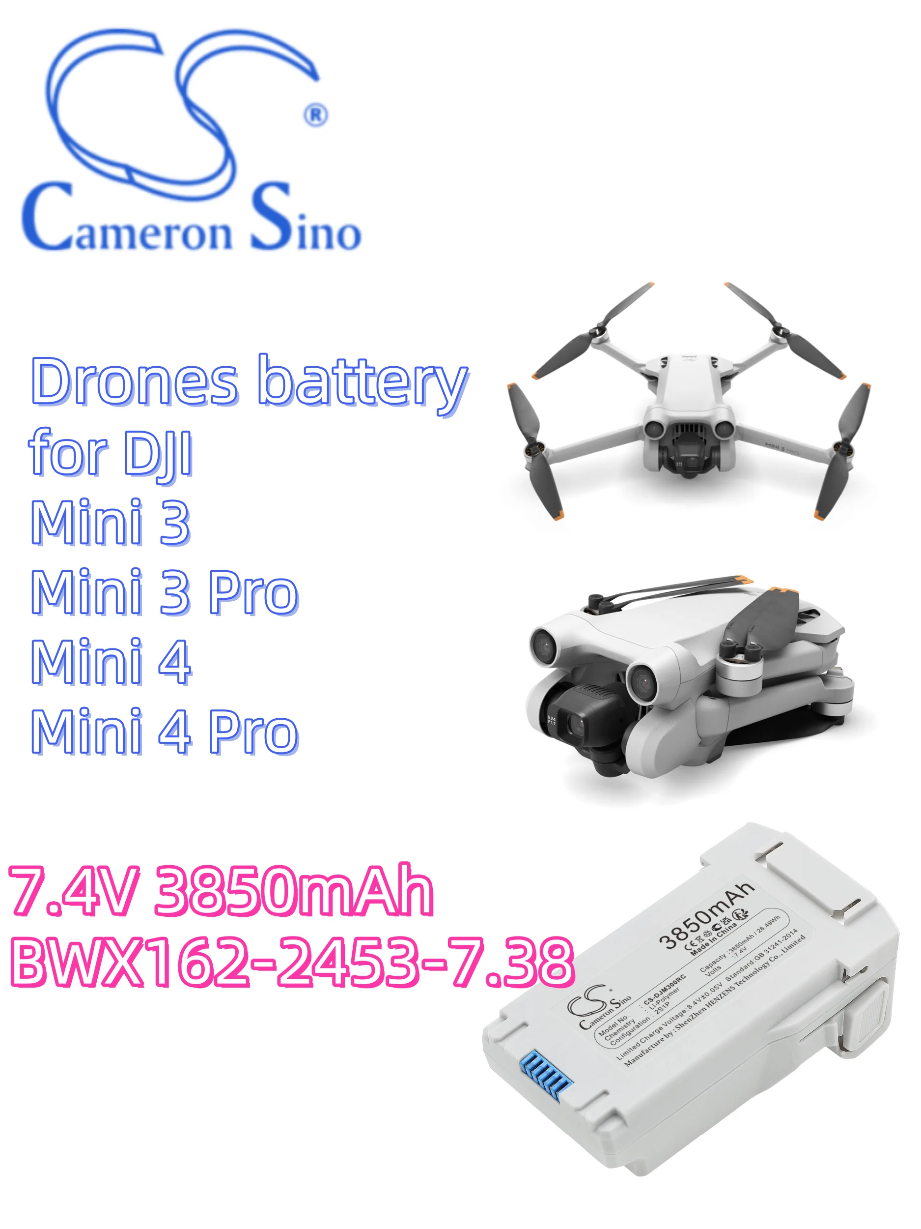 

battery Cameron Sino batteries Drones 3850mAh for DJI Mini 3 Mini 3 Pro Mini 4 Pro Mini 4 BWX162-2453-7.38 270619 270620