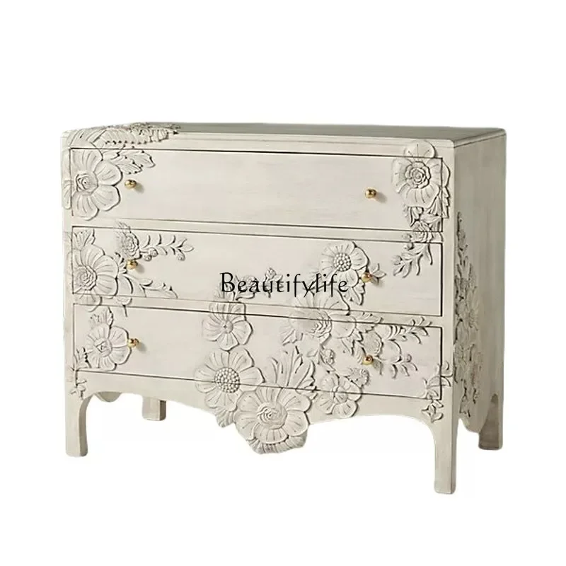 

LJYAmerican rural French white retro solid wood chest cabinet carved decorative cabinet