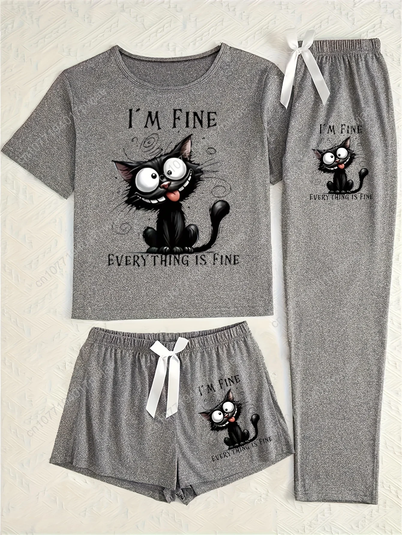 

[Детк мультяшного кота] Женский пижамный комплект из 3 предметов с мультяшным принтом кота | Элегантная и удобная домашняя одежда с коротким рукавом, шорты с бантом,
