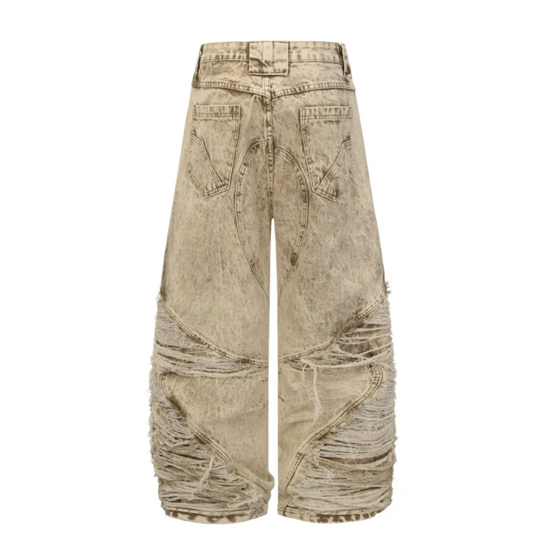 HKSH Autumn Men's Tide Heavy Waste Land Jeans Men High Street Chic Niche Design Safari Style Frayed Wide-Leg Denim Pants HK17822