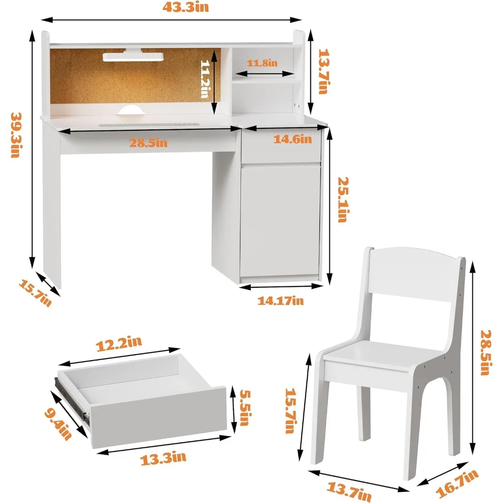 Ensemble bureau et chaise pour enfants, bureau d'étude pour enfants avec 3 lumières pour documents, table d'étude multifonctionnelle pour enfants de 5 à 12 ans, bureaux d'écriture pour étudiants