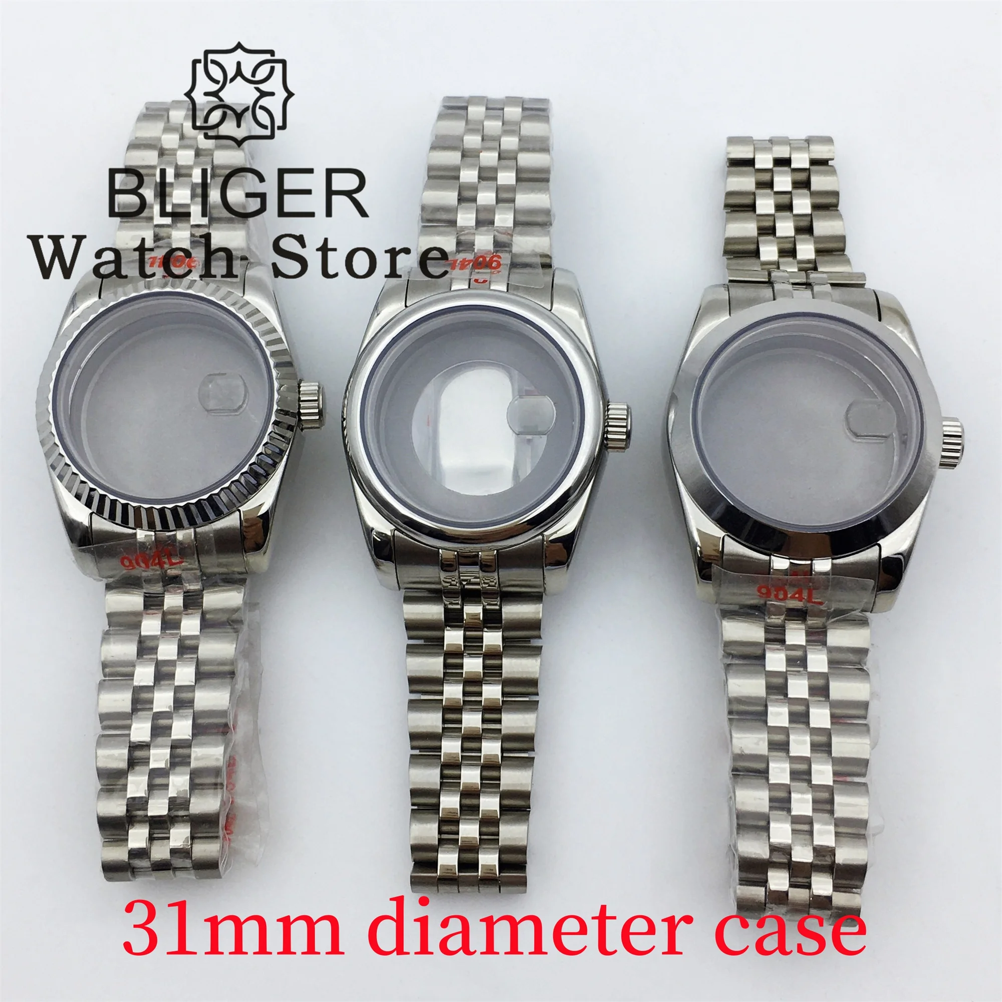 

BLIGER 31mm Watch Case With Bracelet Silver Stainless Steel Round Fluetd Polished Bezel Sapphire Glass Fit NH05 Movements