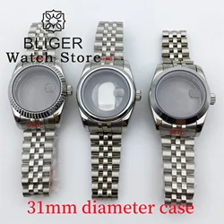 BLIGER 31mm Watch Case With Bracelet Silver Stainless Steel Round Fluetd Polished Bezel Sapphire Glass Fit NH05 Movements