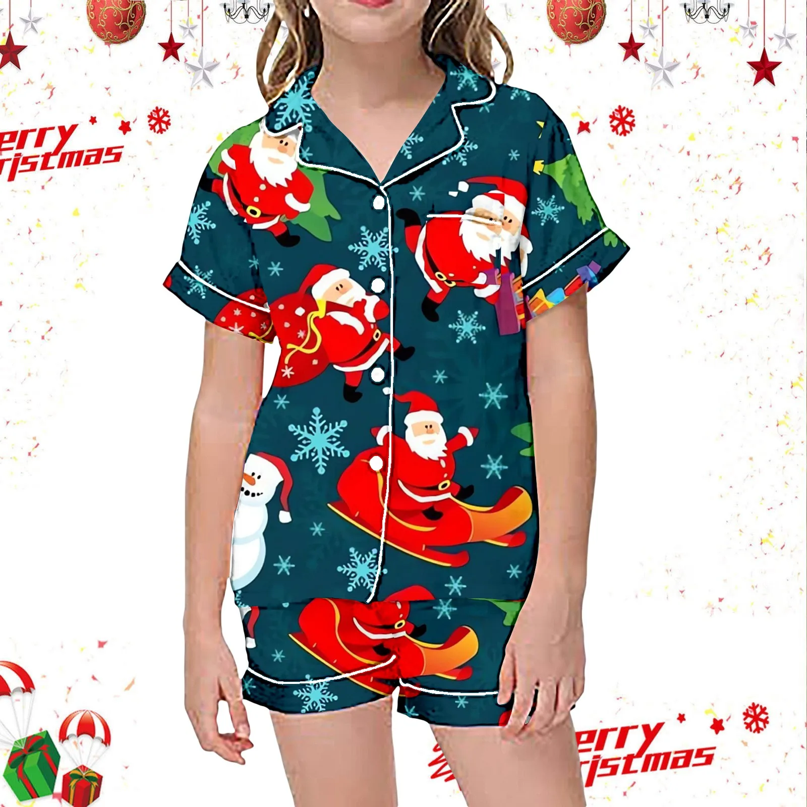 

Christmas Pajamas Santa Claus Pattern Shirt Shorts Pajama For Kids Graphic Print Short Sleeve Button 2 Piece Set Girls Sleepwear