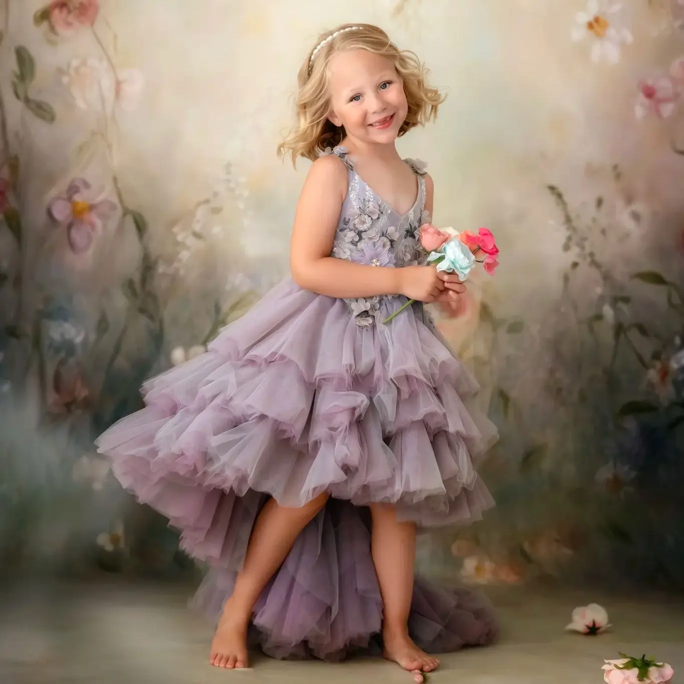 Lavender 2024 Flower Girl Dresses Appliqued Floral High Low Princess Kids Baby Girls First Birthday Dress For Wedding Party