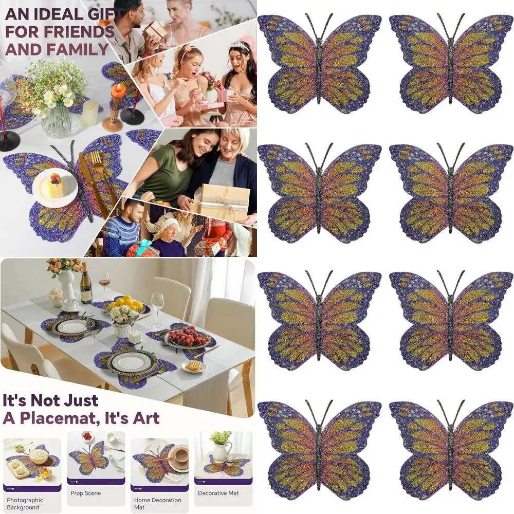 

Set of 4 Purple Butterfly Placemats with Rhinestone Accents for Kitchen Table Decor and Gifting
