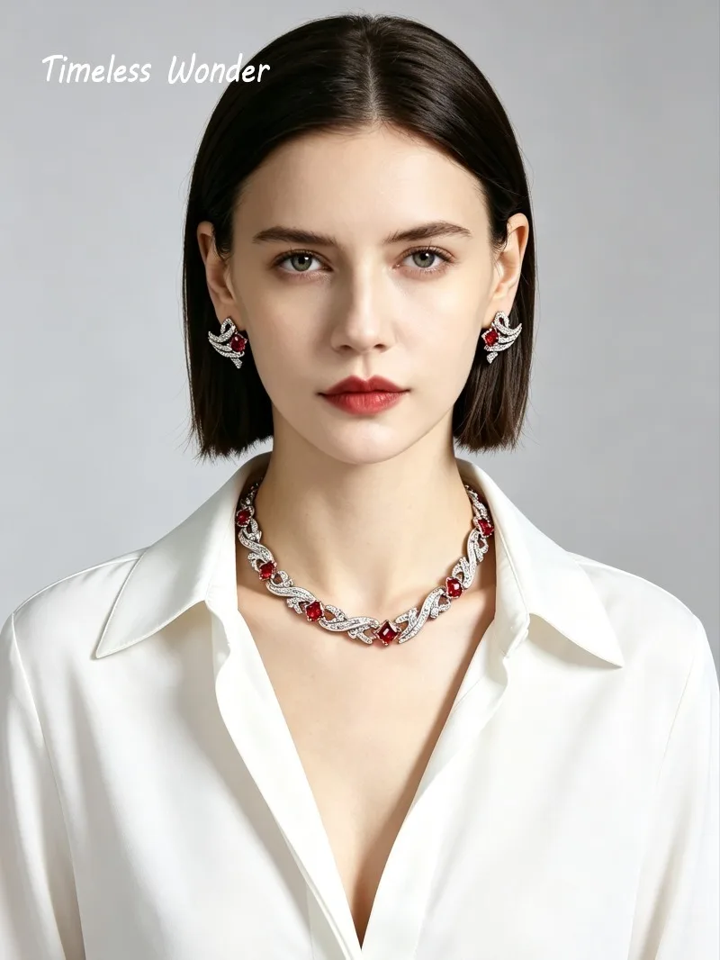 Timeless Wonder Fancy Crystal Zircon Geo Pave Necklace Stud Earrings Women Designer Jewelry Set Sweet Top Rare Classy 4612