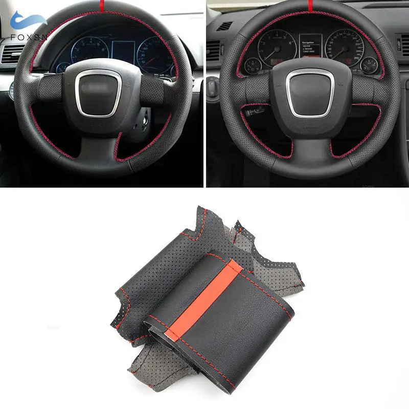 For Audi A3 8P Sportback A4 B7 Avant A6 C6 S4 Seat Exeo Hand-stitched Car Interior Steering Wheel Cover Leather Trim red strip