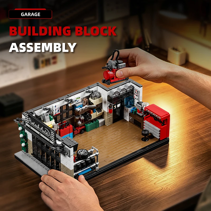 Ensemble de blocs de construction MOC simulant un garage de style américain, jouets de construction éducatifs, jouets DIY, cadeau d'anniversaire pour adulte.