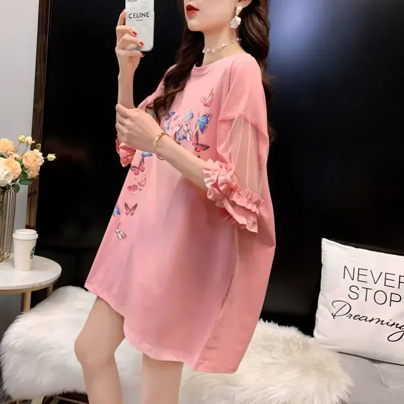 

High Street Casual Lace Printing Pullovers Elegant Mid-length Chic Top Summer New Round Neck Fashion Short Sleeve T-shirt Women