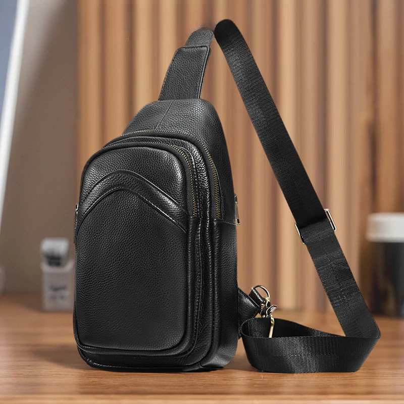 Leather chest bag for men, casual cowhide men's bag, versatile front pocket bag, simple crossbody bag, men's bag