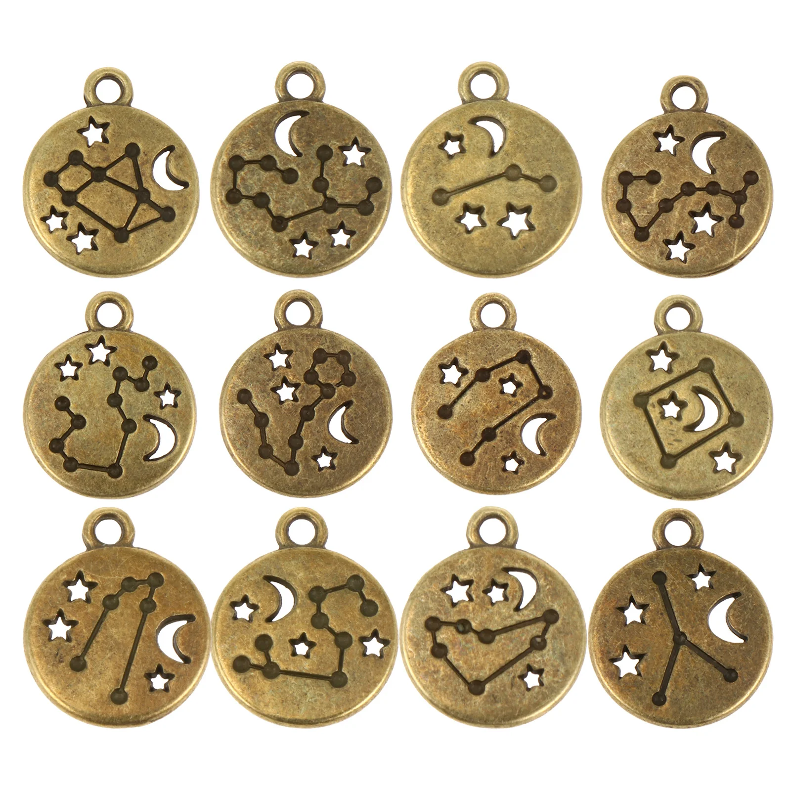 

72Pcs Zodiac Hollow Carved Metal Charms Double Sided Retro Pendants for Necklace Bracelet Earrings Jewelry Making Supplies