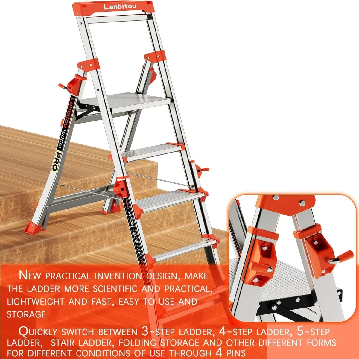 Ladder, Aluminum 5 Step Ladder with Handrails, Anti-Slip Wide Pedal, Tool Platform, Folding Step Stool Step Ladder for Stairs