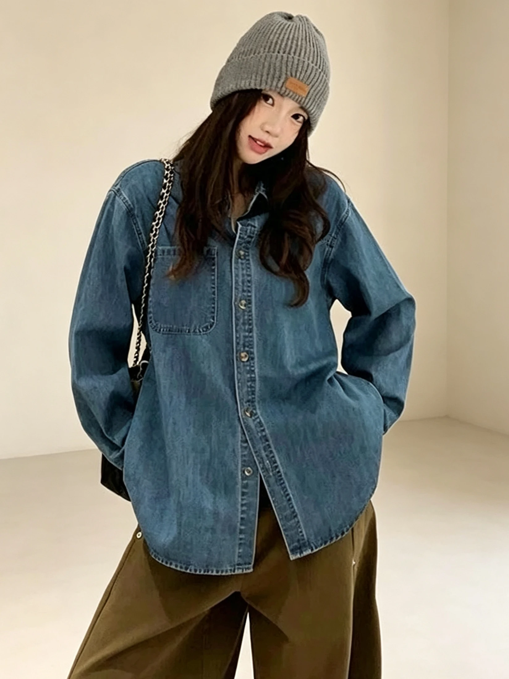 Women's Classic Blue Embroidered Pocket Denim Shirt Loose Fit Casual Outerwear Top Trendy Autumn New Style Vintage Style