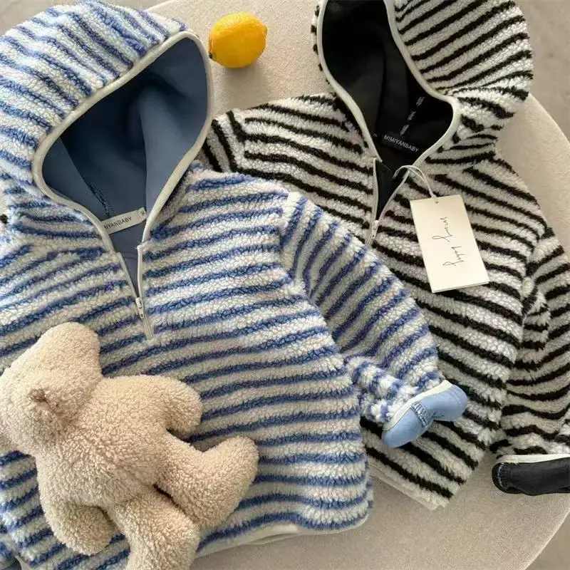 

Children Girls Sweatshirt Striped Thicken Warm Toddler Girls Woolen Pullovers New Winter Versatile Kids Baby Girls Hoodies