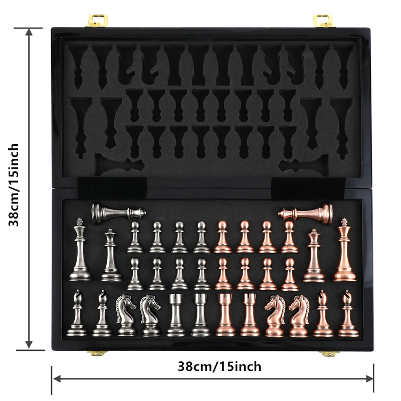 38cm/15inch High-end metal chess set folding chessboard lacquered metal zinc alloy chess pieces, including 2 additional queens