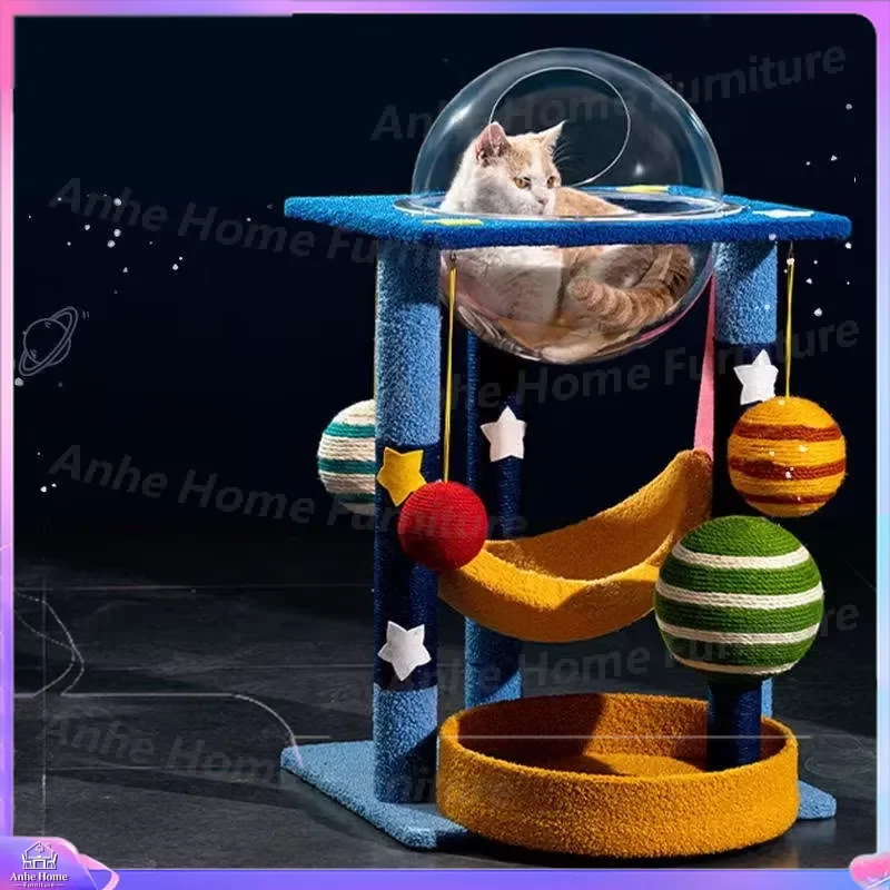 Durable Scratch Resistant Cat Tree Climbing Frame with Transparent Capsule Planet Decoration for Small Medium Cats Indoor Cat