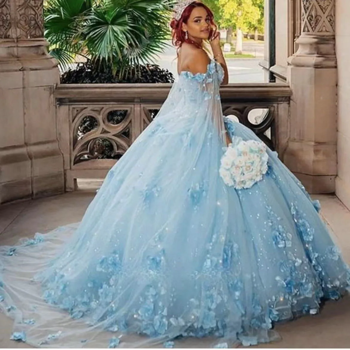 2024 Light Blue Quinceanera Dresses Shiny Applique Whith Cape Lace Vestidos De 15 Anos Birthday Party Princess Ball Gowns