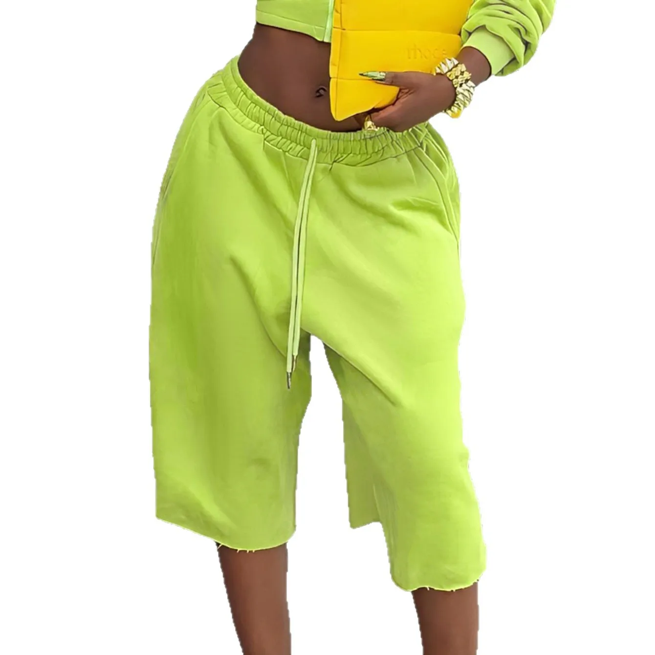Women's Lime Green Loose Knee-length Five-point Pants Casual Drawstring Shorts Sweatpants
