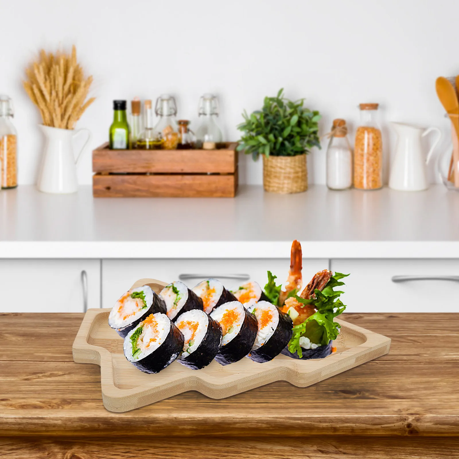 

1 pc Bamboo Food Tray Christmas Tree Shaped Sushi Plate Cartoon Salad Dish Kitchen Home Service Plate Wooden Color