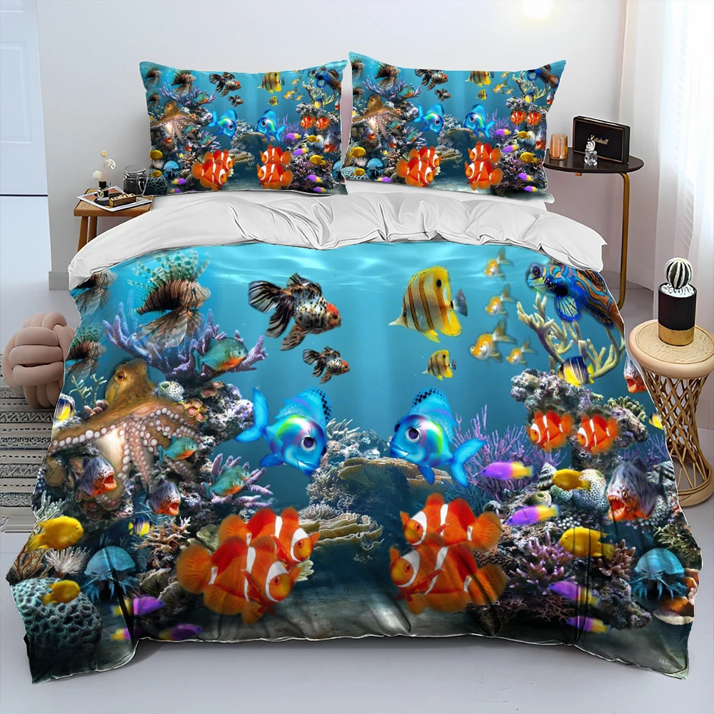 Seabed Underwater World Dolphin Turtle Comforter Bedding Set,Duvet Cover Bed Set Quilt Cover Pillowcase,Queen Bedding Set Adult