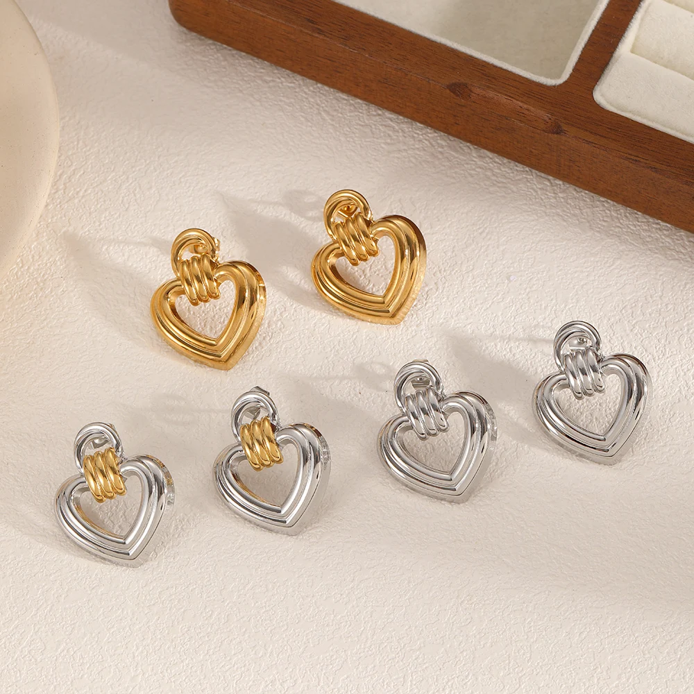 Klassische geometrische herzförmige Edelstahl-Knotenohrringe für Damen, 18K vergoldet, trendiger Schmuck, Geschenkidee – Detail 2