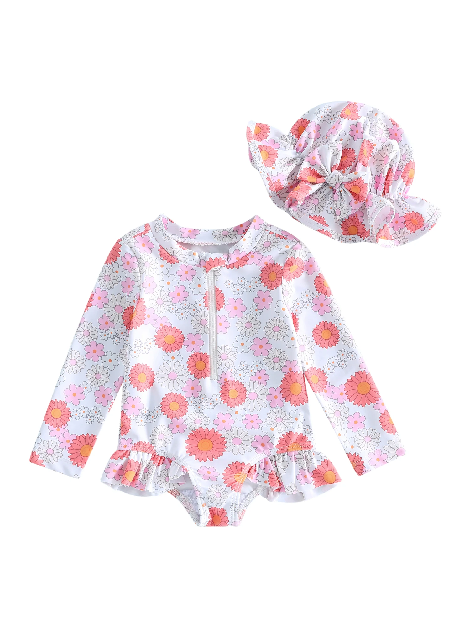 

Cute Toddler Girl Swimsuit Lovely Floral Print Long Sleeve Round Neck Rash Guard Swimwear with Sun Hat for Baby