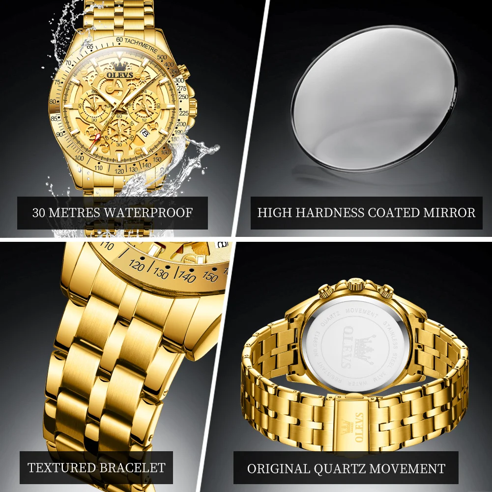 OLEVS 럭셔리 남성 시계 트렌드 패션 골드 오리지널 쿼츠 손목시계 방수 발광 날짜 크로노그래프