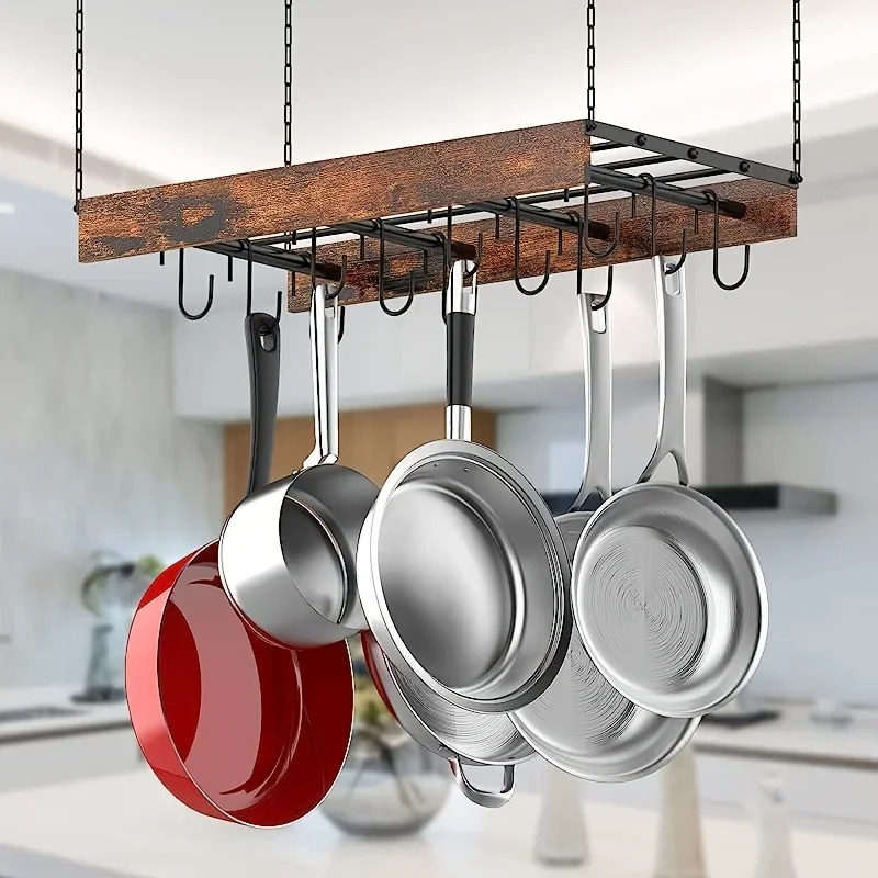 

Ceiling-Mounted Pot Rack for Kitchen Storage, Featuring 12 Hooks And Dimensions of 24 X 13 X 2.4 Inches, Crafted from Wood And I