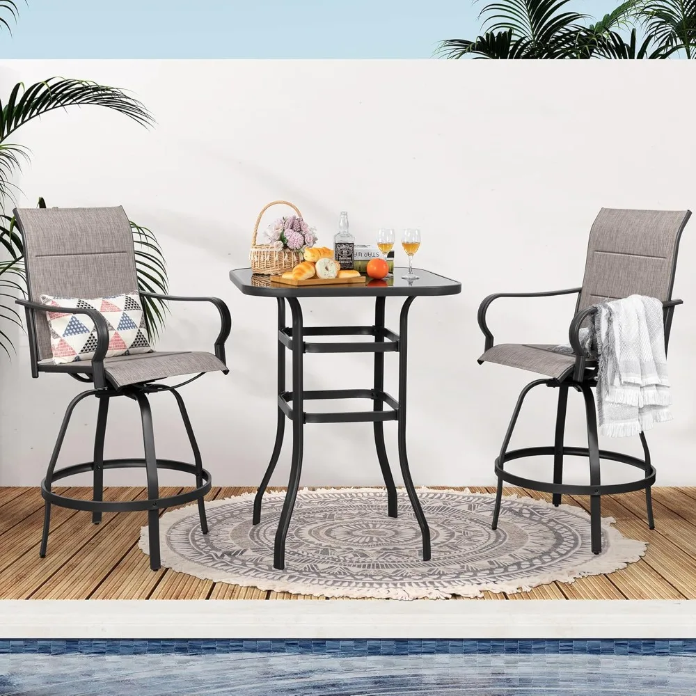

3 Piece Outdoor Swivel Bar Stools Set, Bar Height Patio Bistro Set w/2 Padded Chairs and 1 High Top Table, Garden Furniture Sets