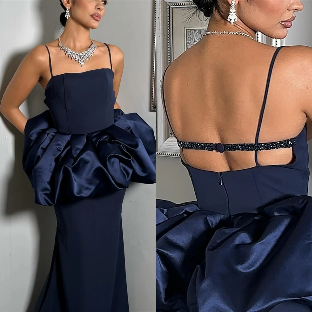 Personalizado delicado azul jérsei vestido de noite de alta qualidade sem alças alças espaguete vestido de cocktail clássico vestido de baile