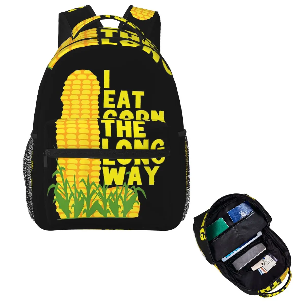 I Eat Corn The Long Way Humor Corny Joke Student Backpack School Bag Hiking Travel Daypack for Men Women Bookbag Shoulder Bags