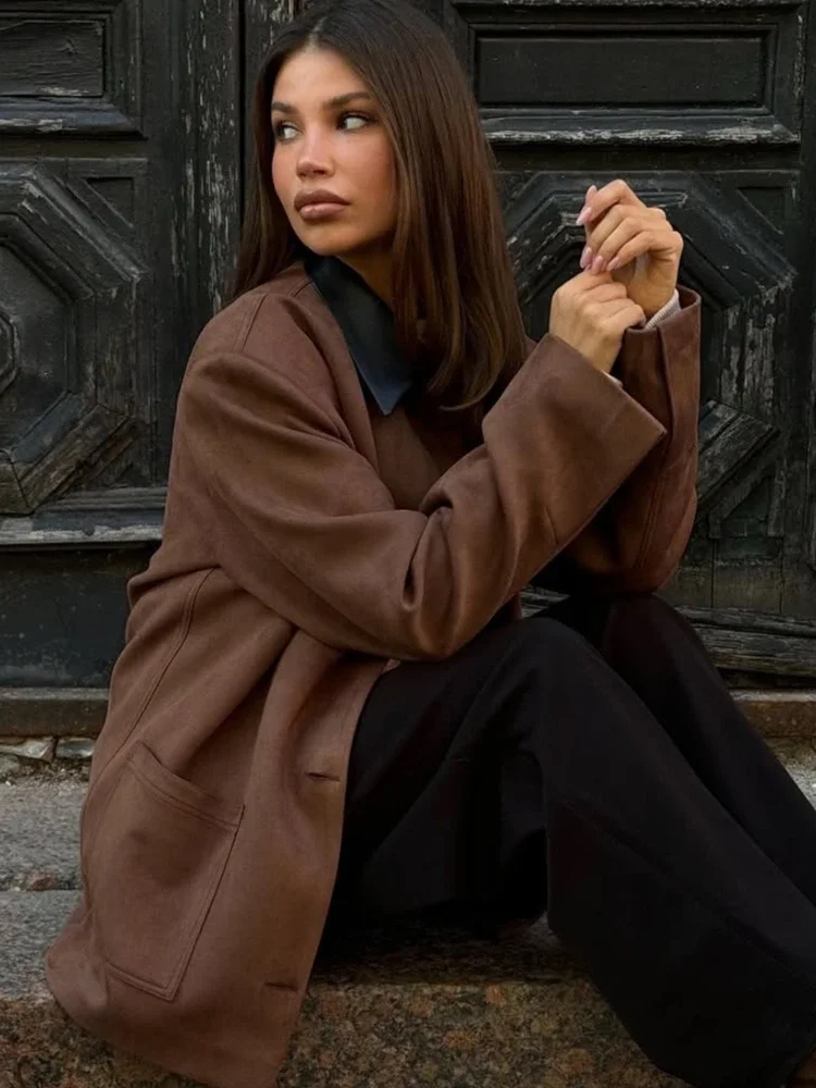 Autumn Casual Pocket Jacket Overcoat Female Retro Splicing Lapel Loose Warm Commute Outwear 2025 New Women's Jackets Coat