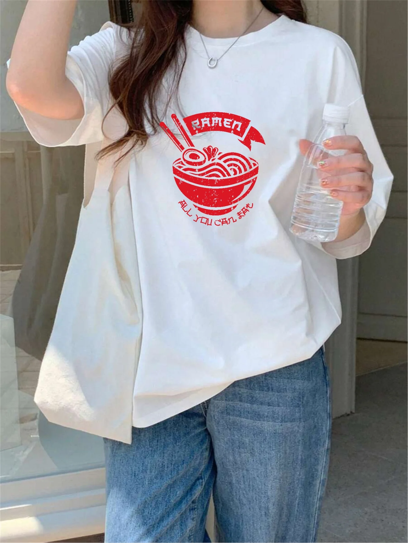 تي شيرت نسائي كاجوال برسومات مستوحاة من الرسوم المتحركة - تصميم "رامين" مع عيدان تناول الطعام باللون الأبيض البخاري بأكمام قصيرة ملابس جمالية #1
