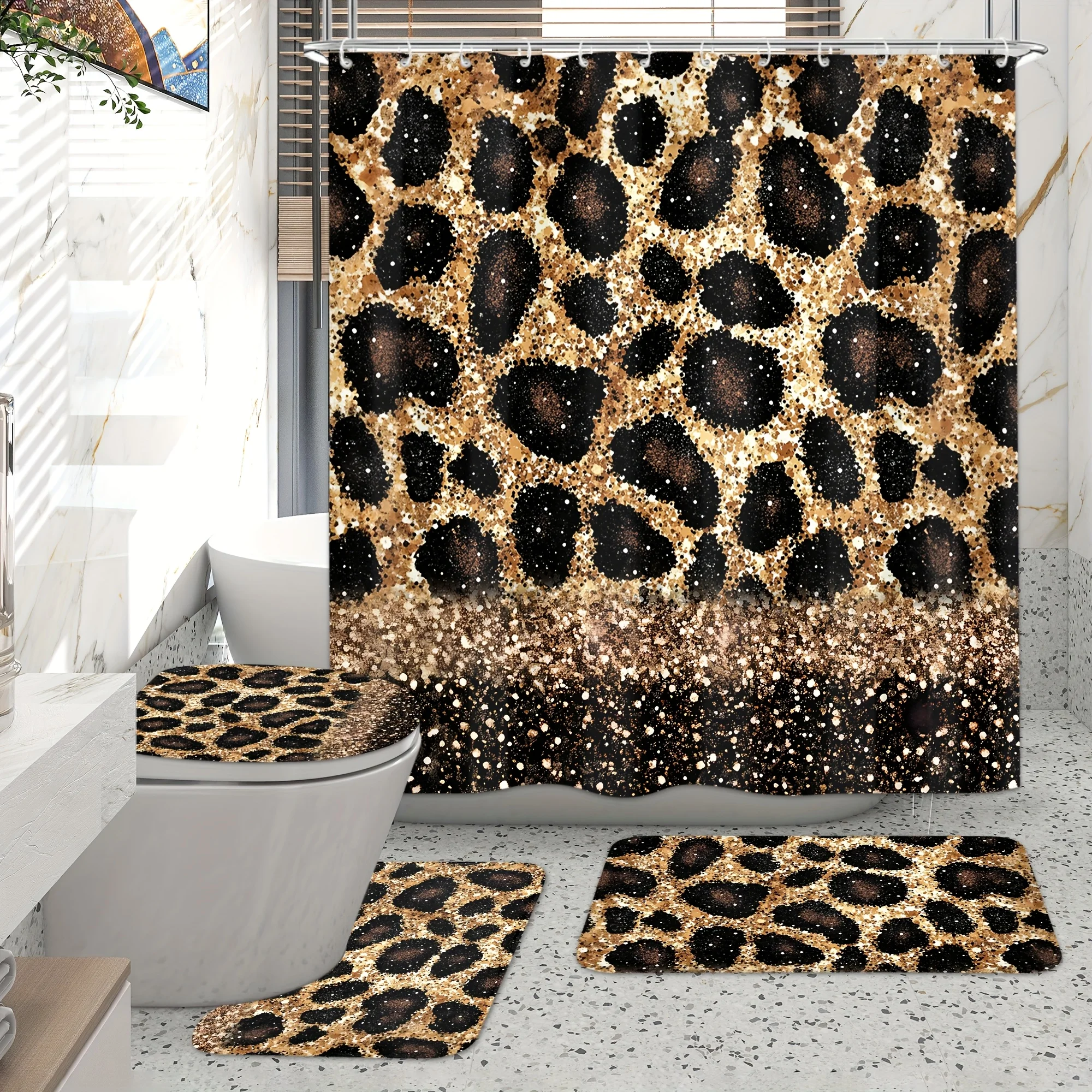 

Leopard Print Shower Curtain Set with Non-Slip Rugs & Toilet Cover, Waterproof Machine Washable, Wild Safari Bathroom Decor 4pcs