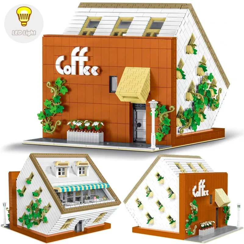 Street View Upside Down Cafe Building Block City Coffee House Bricks Model With LED Creative Expert Toys For Boy Birthday Gift