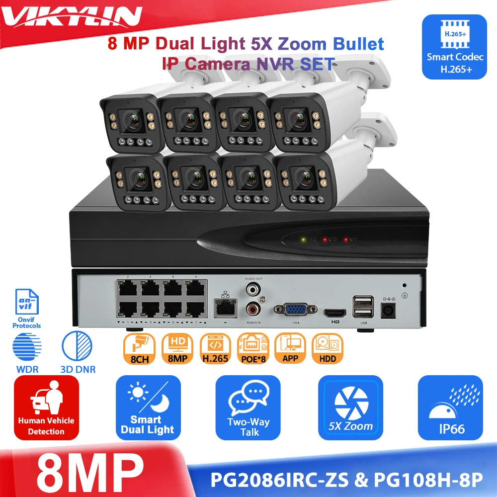 Vikylin 4K 8MP 5x Zoom IP Camera Two-way Audio Motion Detection Video Surveillance System 8CH Video Network Recorder NVR kit