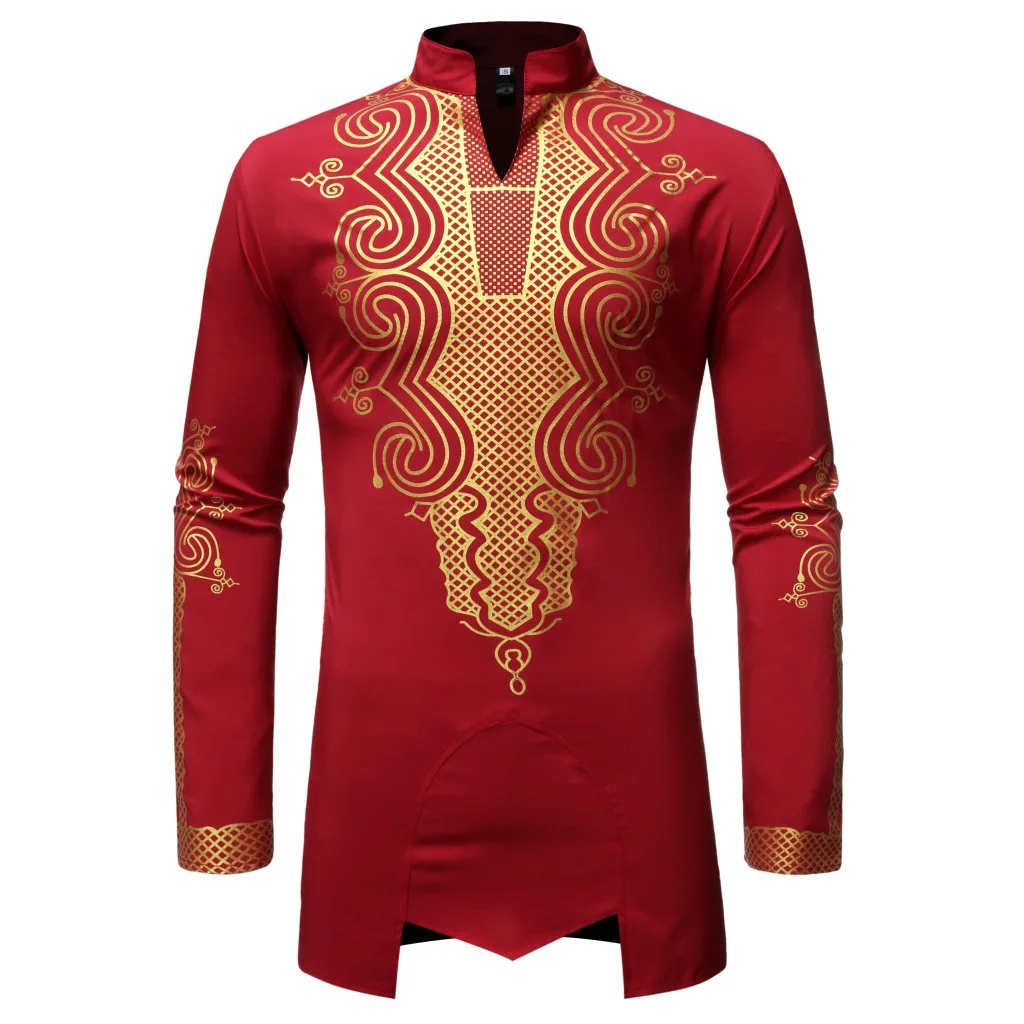 Shirt met goudprint voor heren, Ramadan, Midden-Oosten, Dubai, moslimmode, Tu Chieftain, middenlengte, moslimstijl