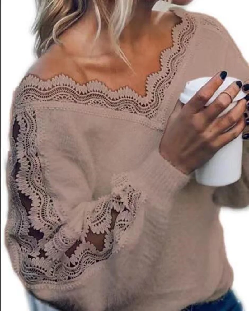 Autumn Winter Women Elegant White Jumper 2023 Sexy V Neck Lace Hollow Loose Knit Sweater Long Sleeve Solid Pullover Tops Female