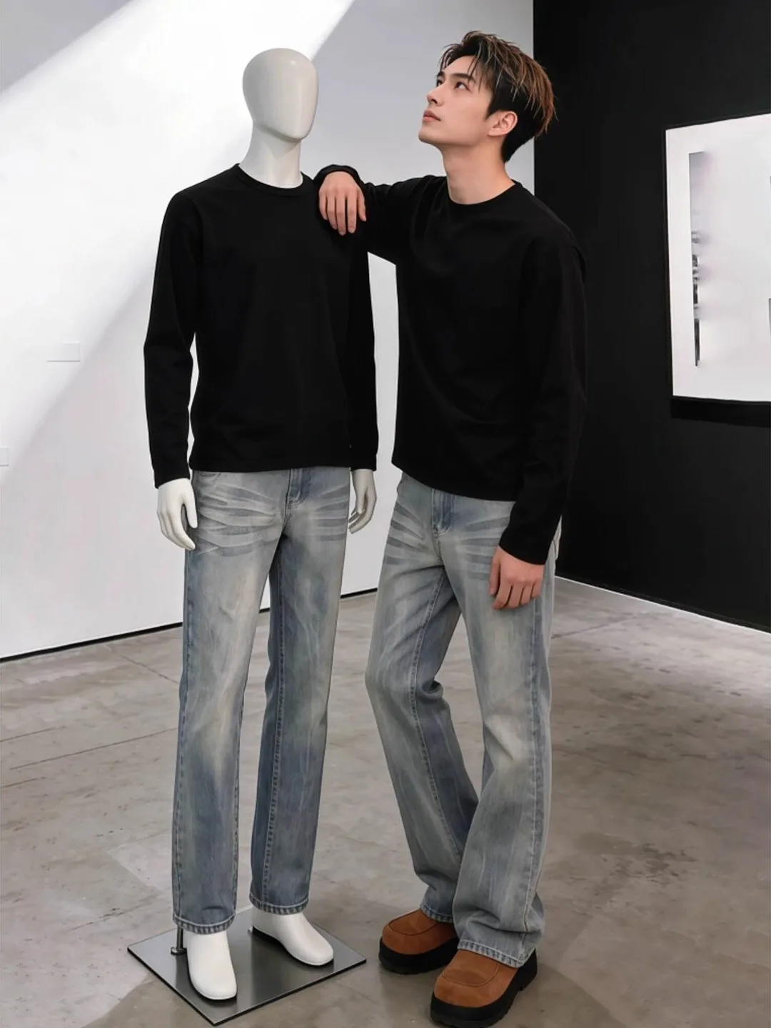 

Мужские зимние джинсы Blue Bamboo Bud Lightning Pattern Flared с флисовой подкладкой, прямые, зауженные, Cleanfit